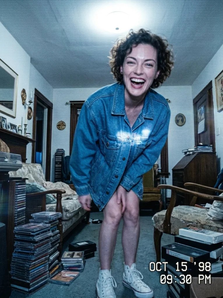 Old photo restoration AI prompt preview with 90s camcorder aesthetic, living room, denim jacket, and home video lighting