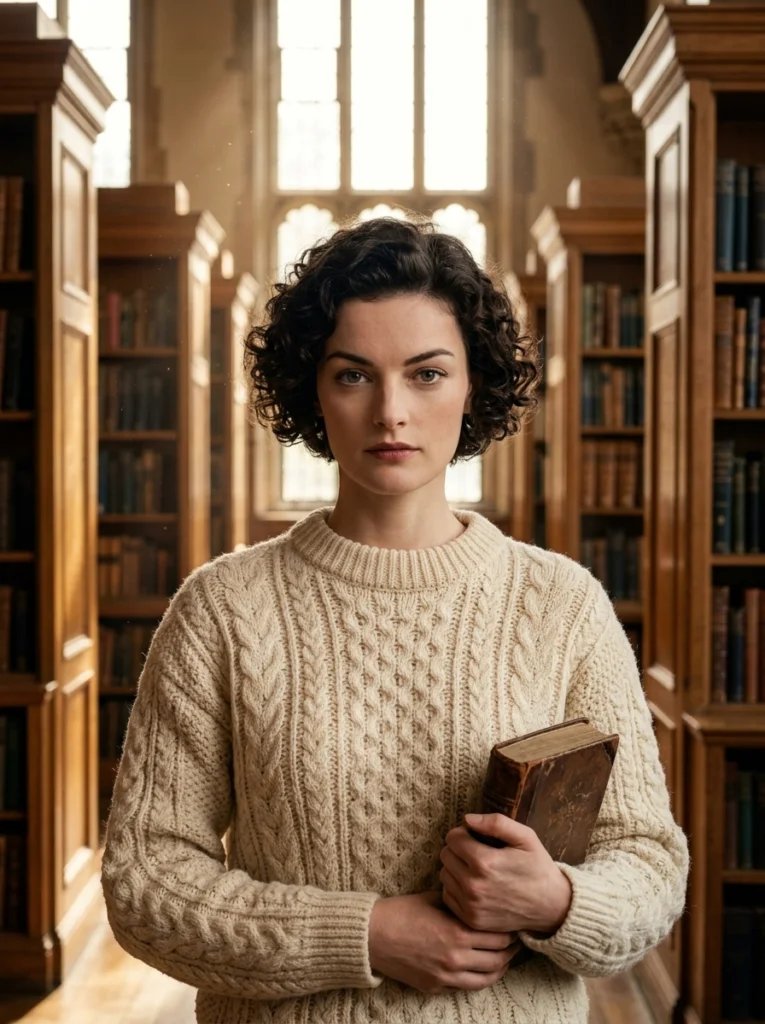 Old photo restoration AI prompt preview with university library, oak bookshelves, cable knit sweater, and warm dusty light