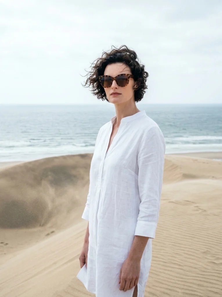 Old photo restoration AI prompt preview with 1960s beach scene, white linen outfit, sunglasses, and overcast seaside light