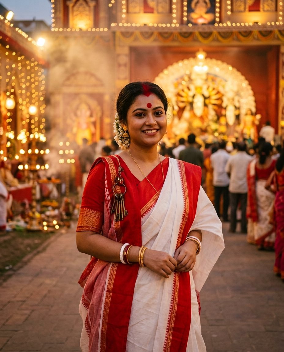 Woman in a white saree with a red border standing in front of a lit Durga Puja pandal at dusk