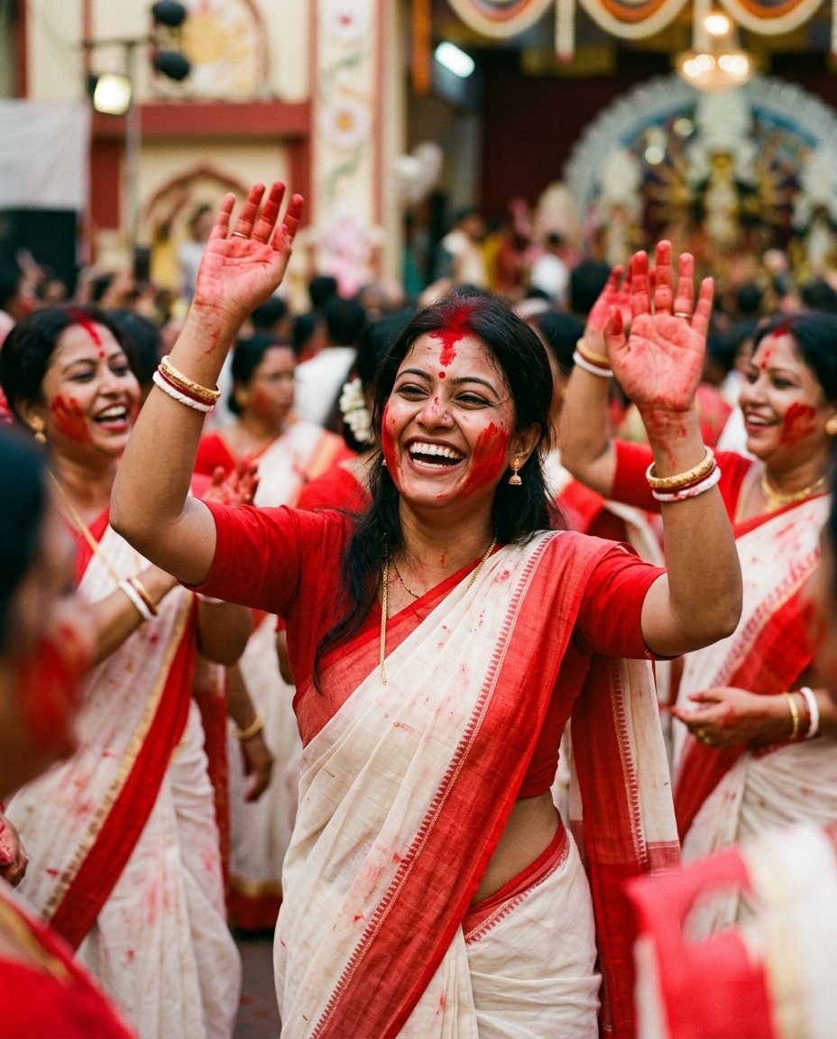 Woman laughing with sindoor on her cheeks in a red-bordered white saree at a Dashami celebration