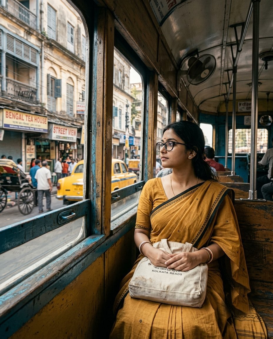 Woman in a mustard tant cotton saree seated by the window of a vintage Kolkata tram