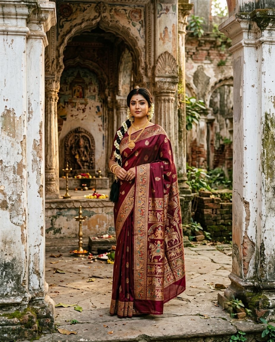Woman in a maroon Baluchari silk saree standing between pillars of an old zamindar rajbari