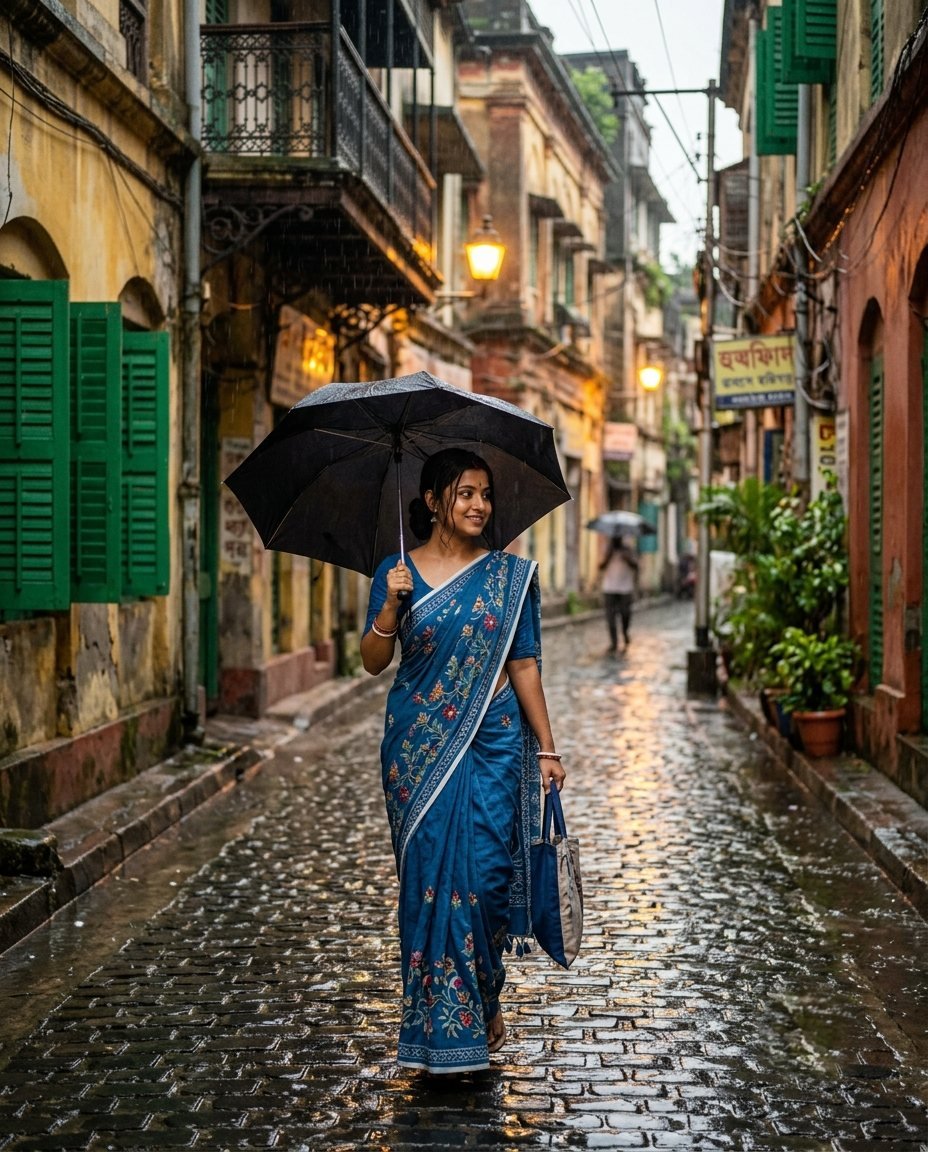 Woman with a black umbrella in a blue kantha-stitch saree on a rainy North Kolkata lane