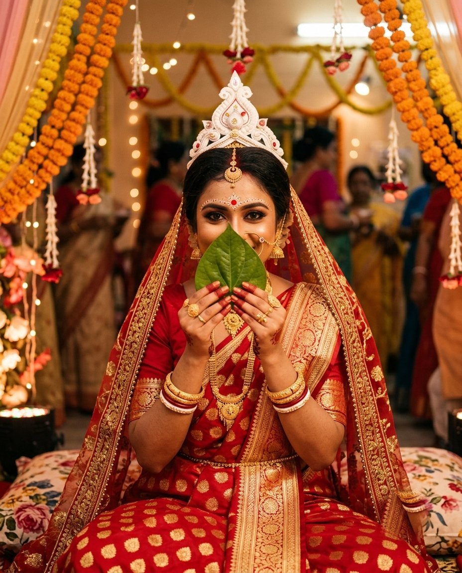 Bengali bride in a red Banarasi saree and sholapith topor holding a betel leaf before her face