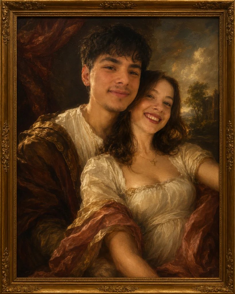 Couple portrayed as a Renaissance oil painting with rich drapery and a museum frame