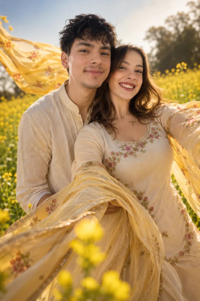 Pre-wedding couple running through a mustard field with a flying dupatta and shallow depth of field