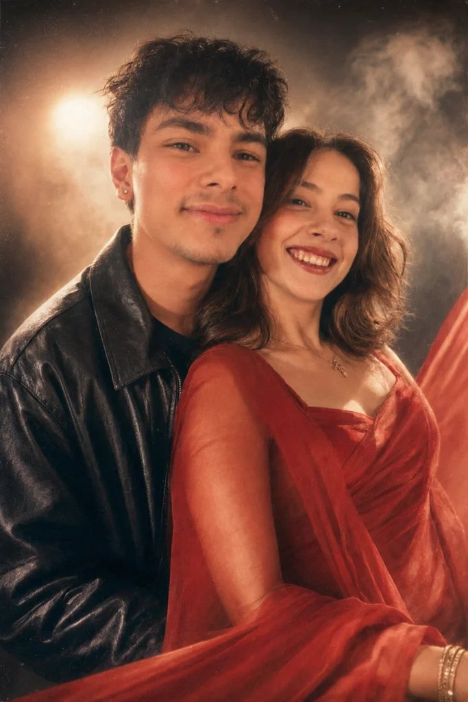 Couple in a retro 90s Bollywood poster with a leather jacket and red chiffon saree