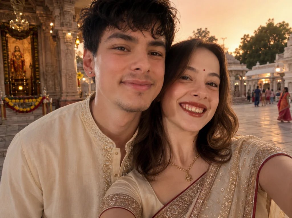 Couple wearing traditional Indian outfits in a temple courtyard during warm evening light