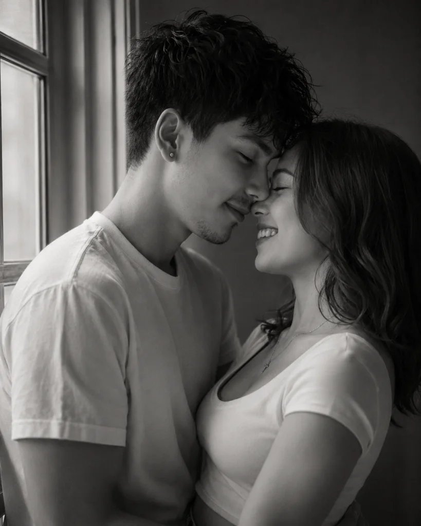 Black and white fine-art portrait of a couple touching foreheads in window light