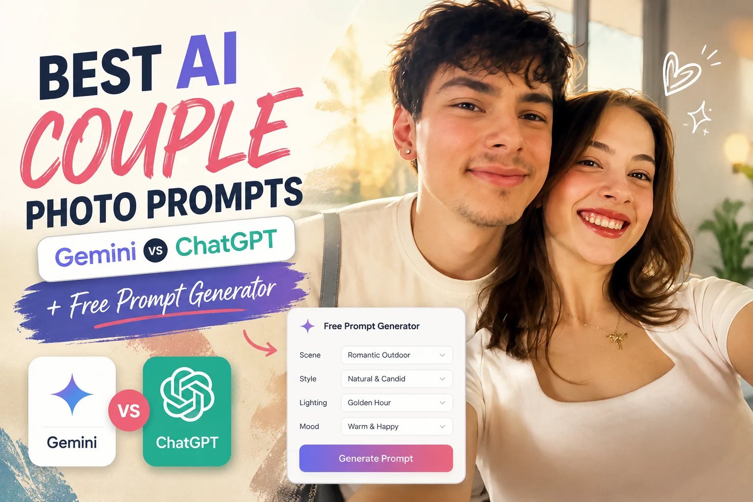 Best AI Couple Photo Prompts (Gemini vs ChatGPT) + Free Prompt Generator
