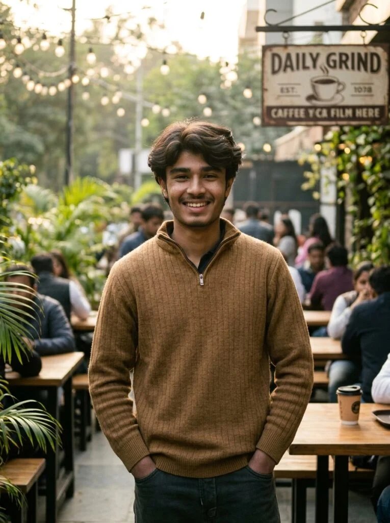 Gemini AI lifestyle photo prompt example in a warm cafe or outdoor setting with soft natural light, background depth, and clean social media detail