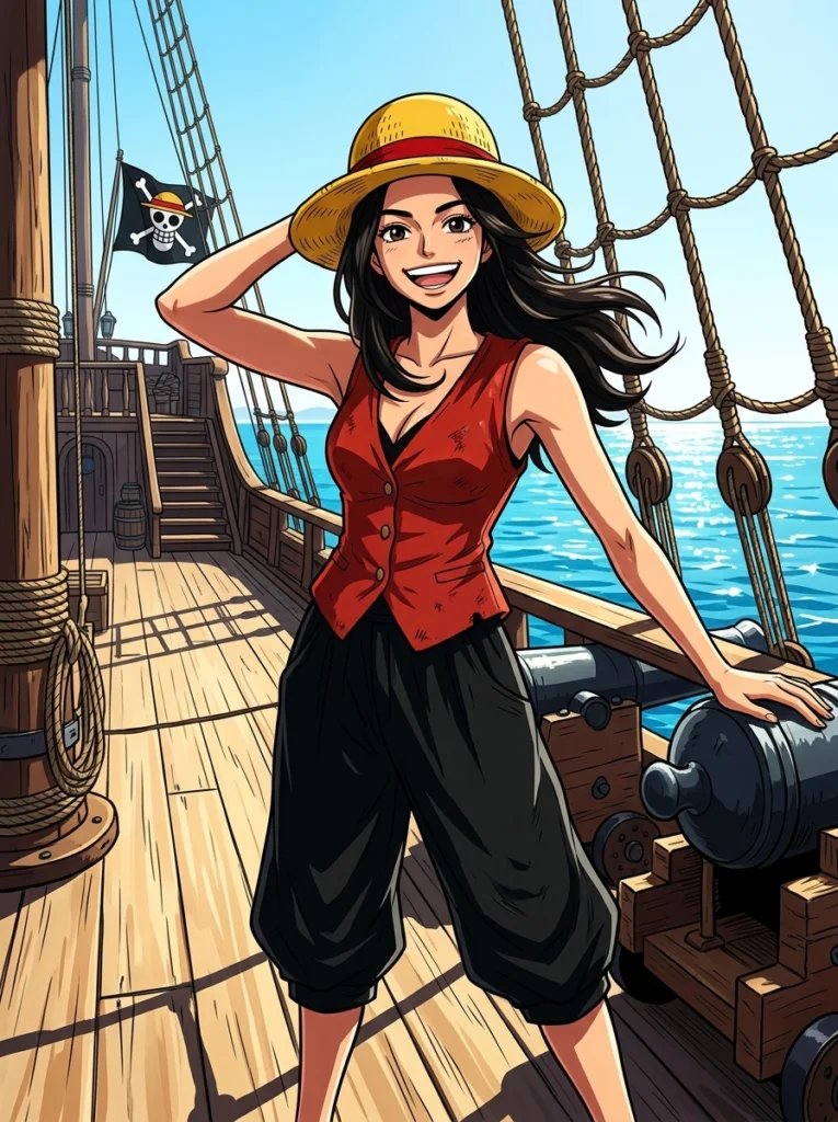 One Piece Gemini AI prompt preview with pirate ship deck, straw hat outfit, and blue ocean background