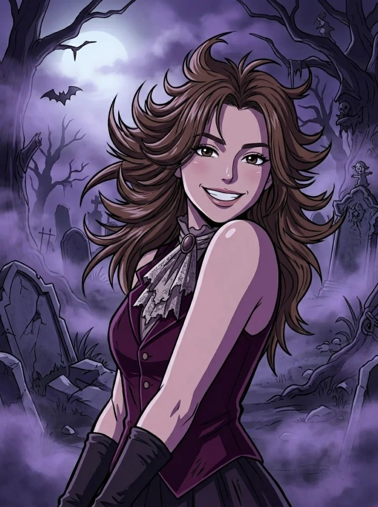 One Piece Gemini AI prompt preview with Thriller Bark gothic graveyard, moonlight, fog, and velvet outfit