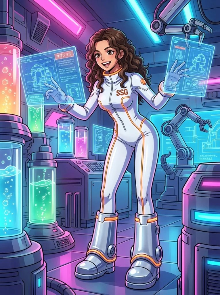 One Piece Gemini AI prompt preview with futuristic Egghead lab, neon screens, and sci-fi jumpsuit