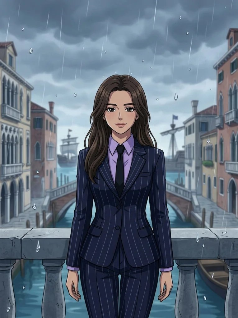 One Piece Gemini AI prompt preview with Water 7 balcony, rainy canal city, and dark suit styling