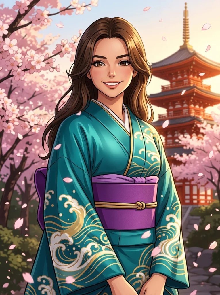 One Piece Gemini AI prompt preview with Wano Country kimono, cherry blossoms, and pagoda background