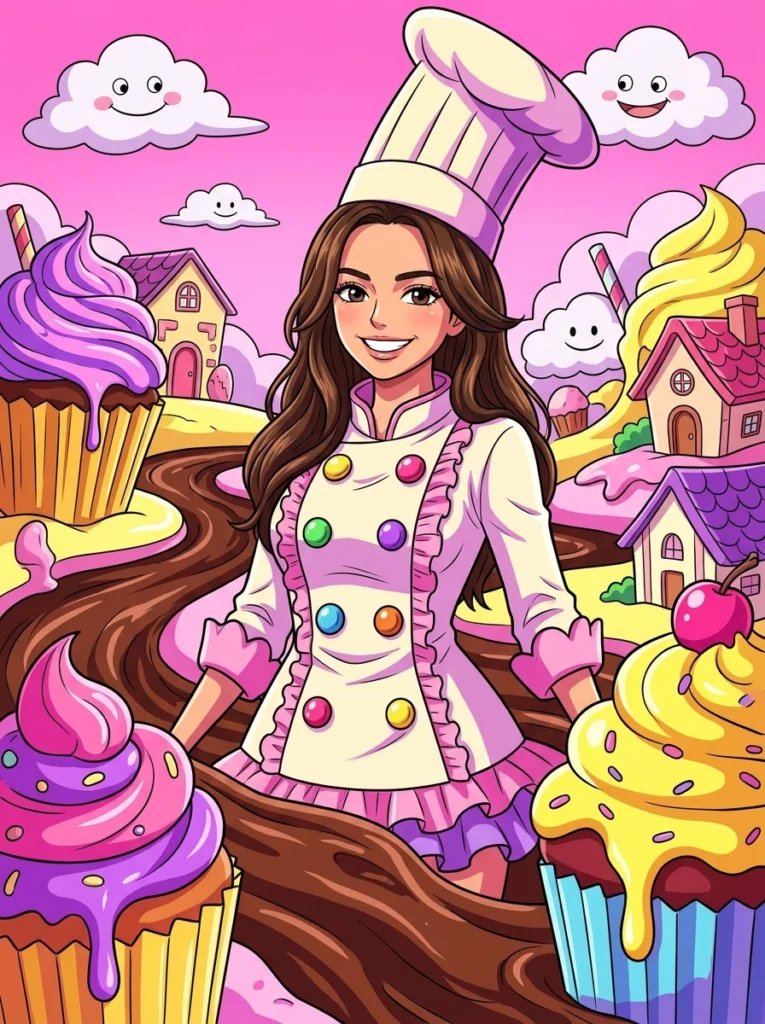 One Piece Gemini AI prompt preview with Whole Cake Island sweets, colorful candy background, and pastry outfit