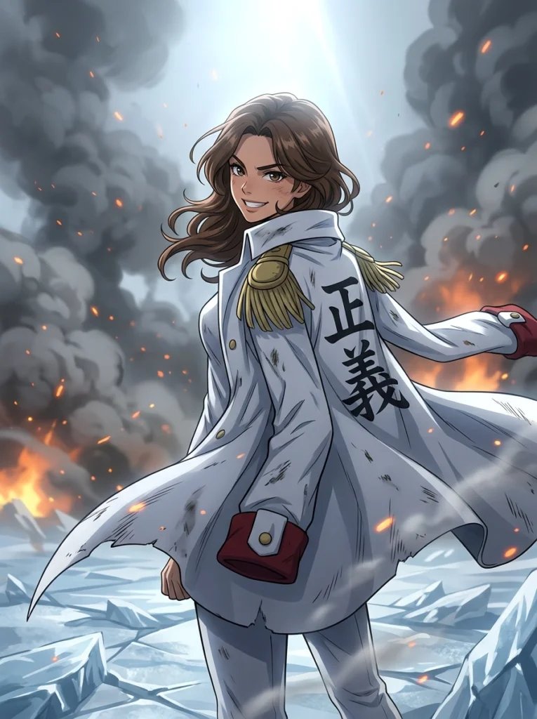 One Piece Gemini AI prompt preview with Marineford battlefield, smoke, embers, and officer coat
