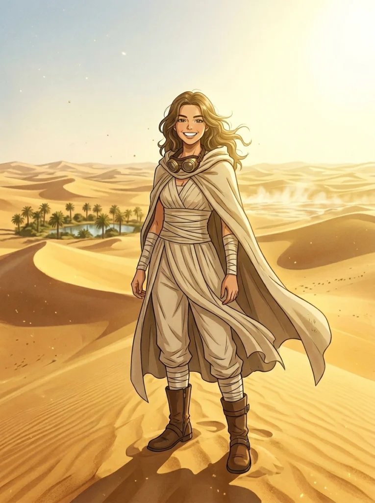 One Piece Gemini AI prompt preview with Arabasta desert, sand dune, beige cloak, and high noon light