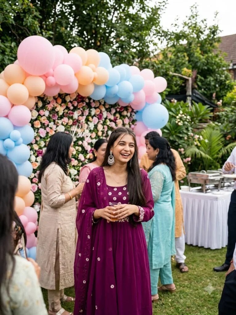 Girl at an outdoor garden birthday party with pastel balloons