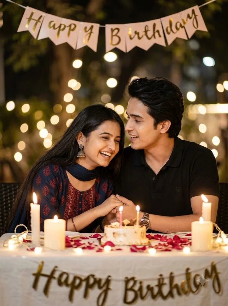 Couple at an intimate birthday dinner with candles and string lights