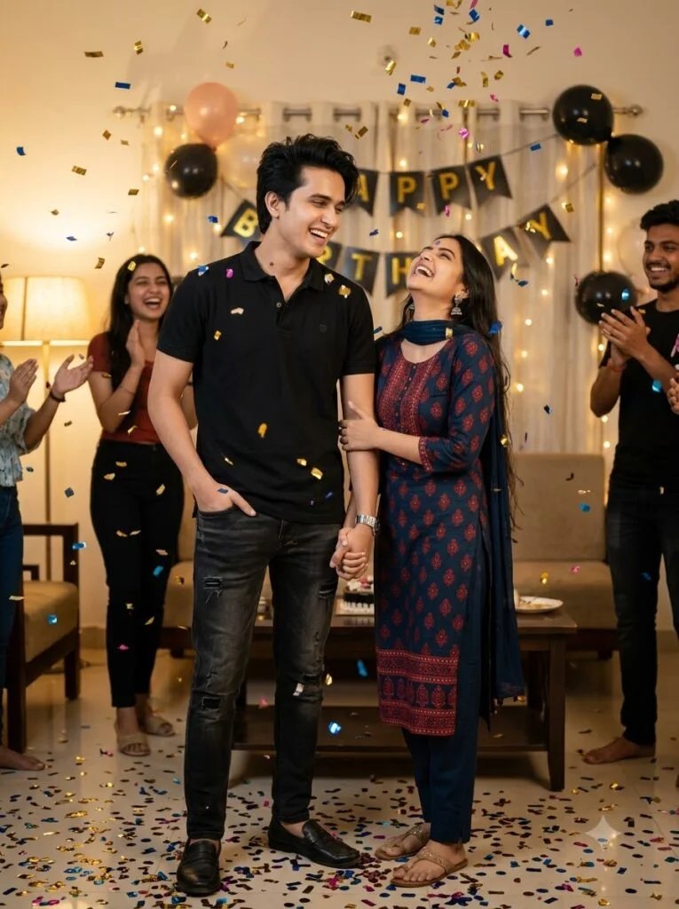 Couple laughing with confetti at a birthday celebration