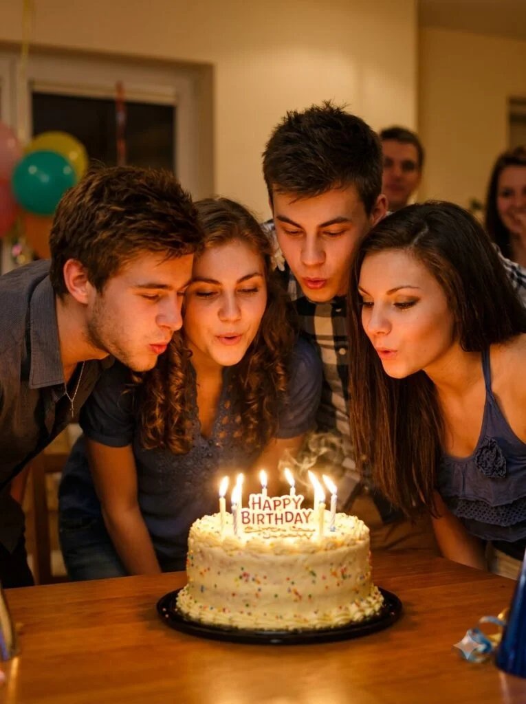 Four friends gathered around a birthday cake with candles