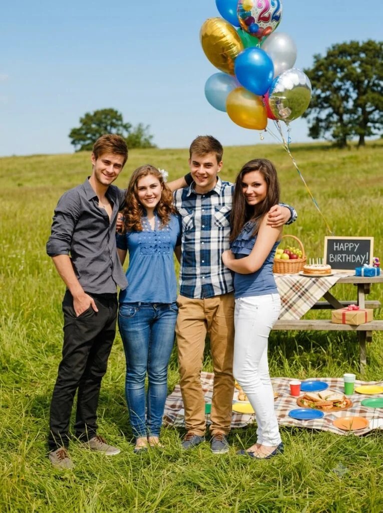 Friends at an outdoor birthday picnic with balloons