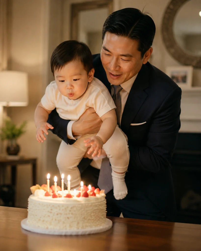 Parent lifting a young child to blow out birthday candles together