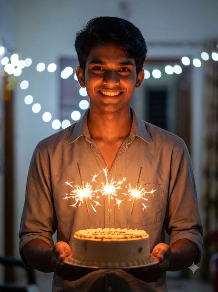 Teenage boy holding a birthday cake with sparkler candles