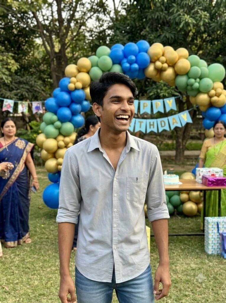 Boy at an outdoor birthday setup with a balloon arch