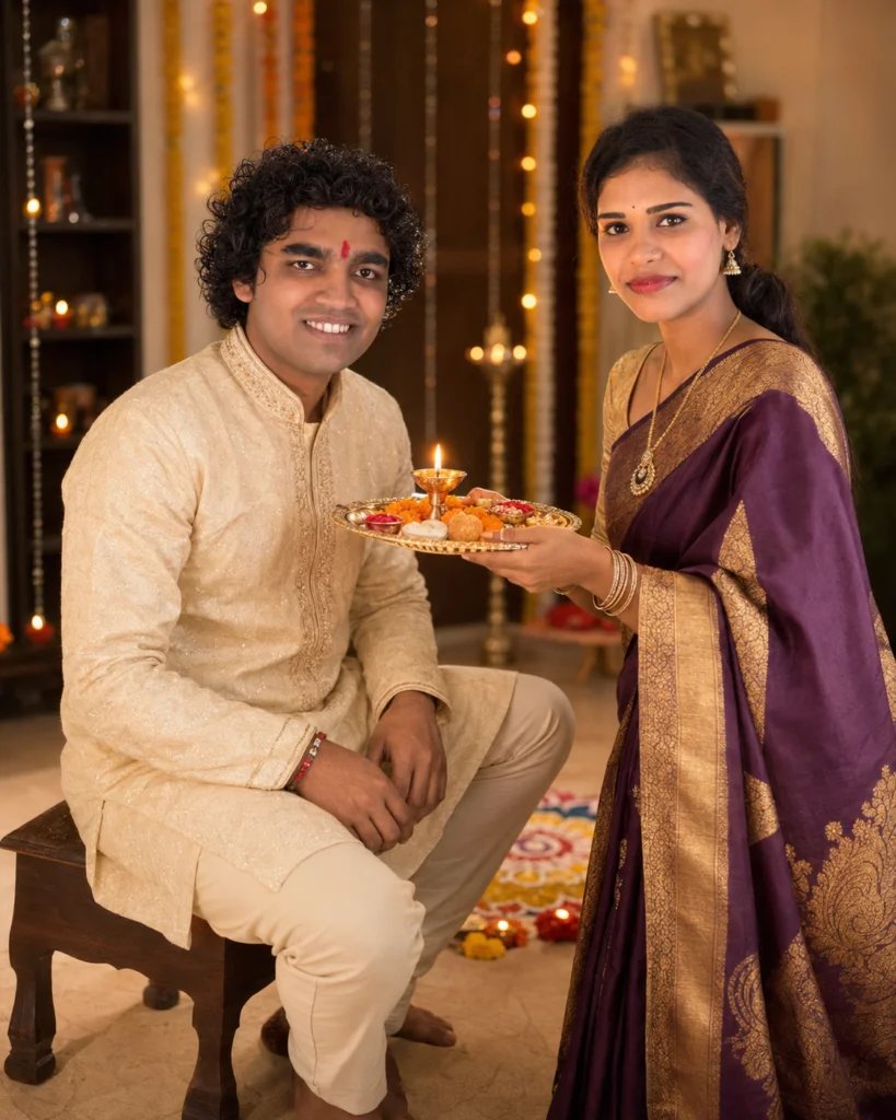 Sister performing Bhai Dooj aarti for her brother