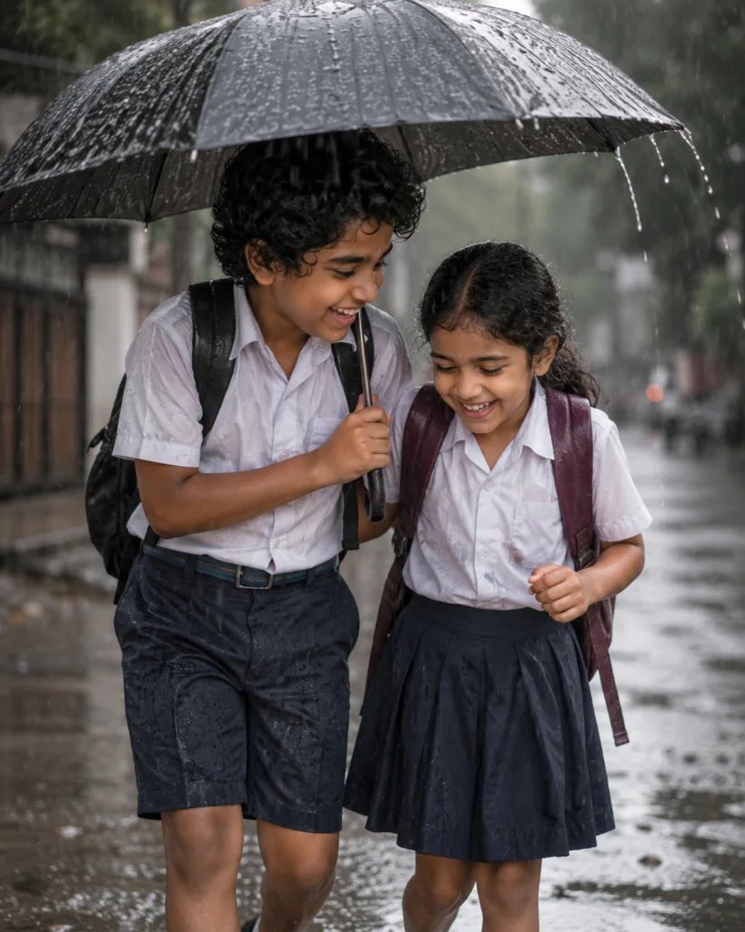 Young brother and sister sharing an umbrella while walking in the rain