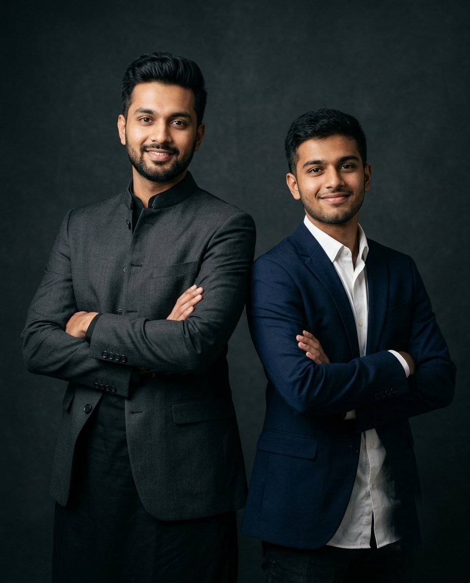 Two brothers in a charcoal bandhgala and a navy blazer standing shoulder to shoulder against a dark grey backdrop