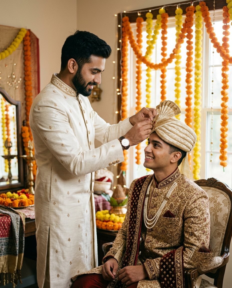 Elder brother in an ivory achkan adjusting the safa of the younger brother in a gold sherwani on a wedding morning