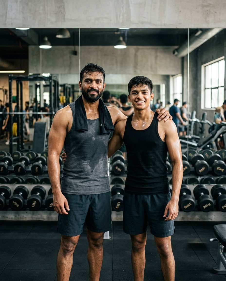 Two brothers in fitted tank tops with a towel and hands on each other's shoulders in front of a gym mirror