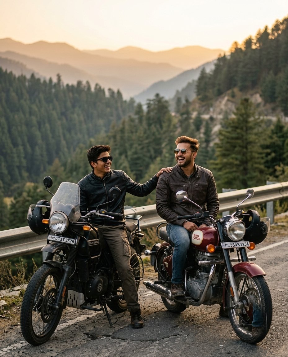 Two brothers in leather jackets sitting on parked motorcycles on a mountain road laughing at golden hour