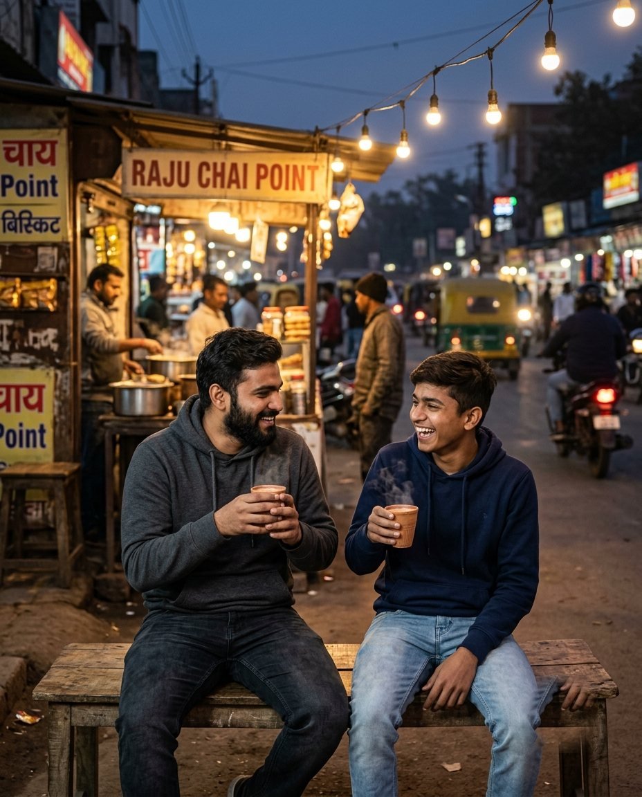 Two brothers in hoodies sitting on a bench at a roadside chai stall at dusk holding kulhads of chai