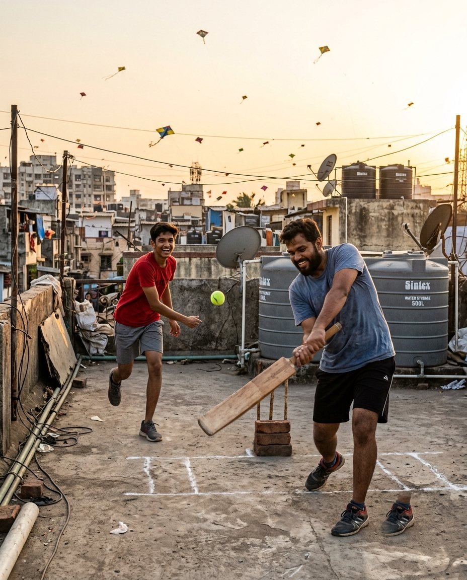 Two brothers playing cricket on a rooftop terrace in the late afternoon with kites in the sky behind them