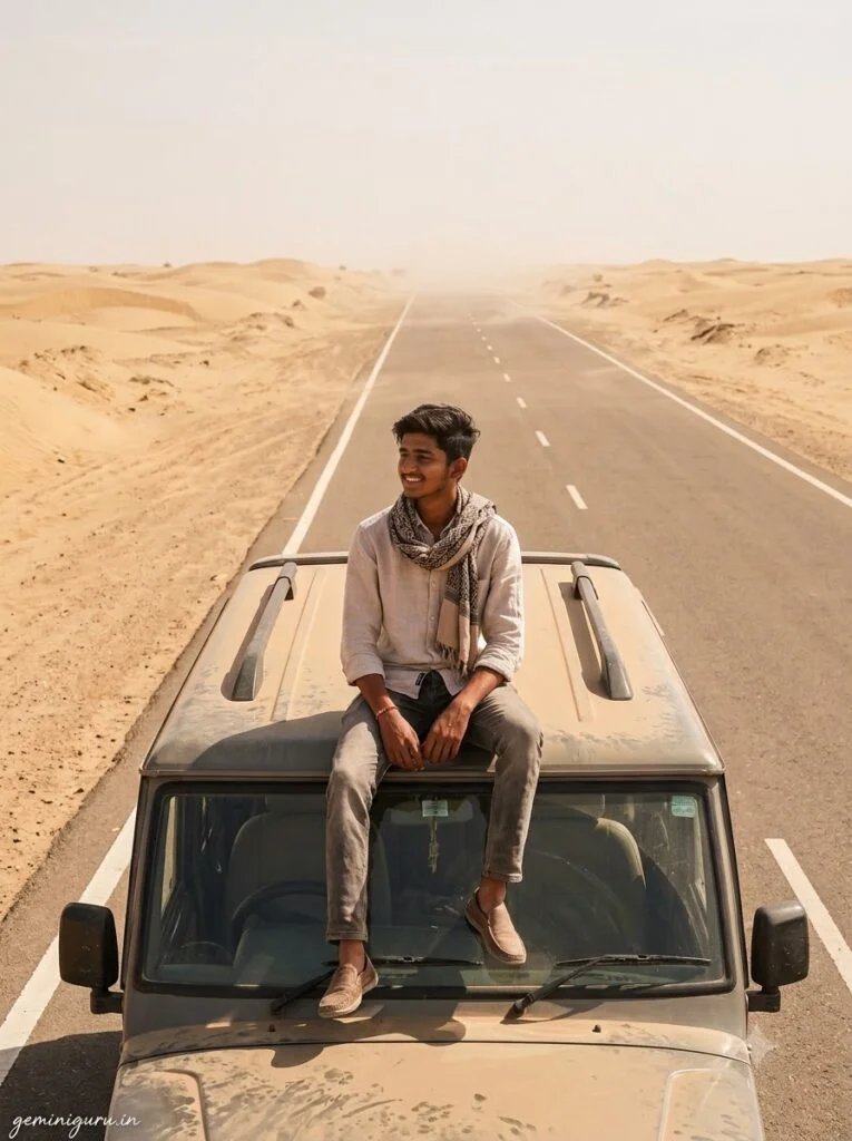 Person sitting on a dusty SUV on a long desert highway