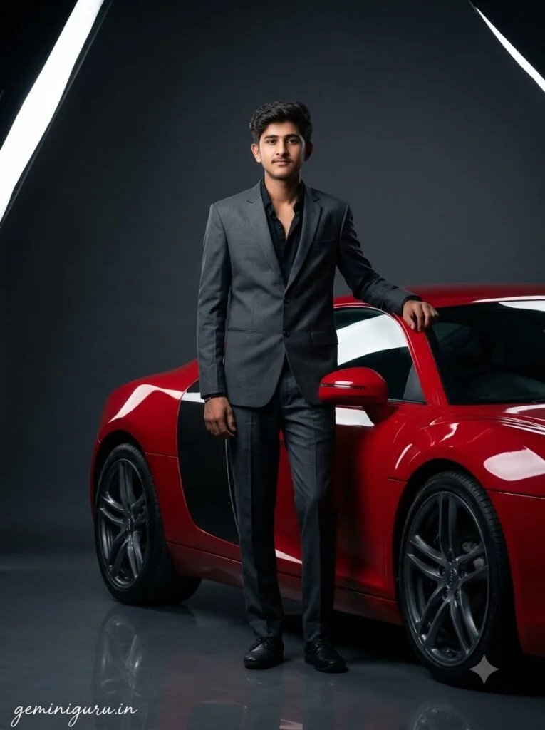Person in a tailored suit standing beside a red sports car in a dark studio