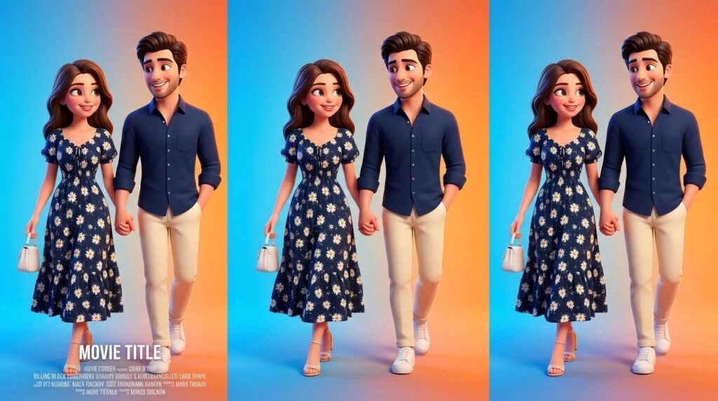 Couple rendered as expressive 3D animated characters on a colorful movie poster