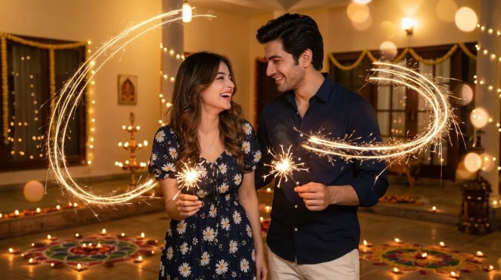 Couple celebrating Diwali with sparklers, diyas, rangoli and warm festive lighting