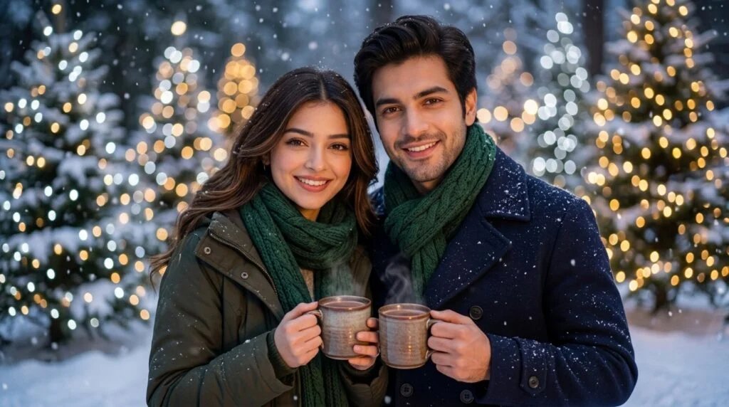 Couple holding warm drinks together during snowfall with glowing lights behind them