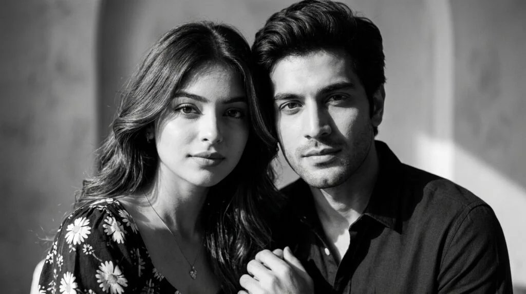 Black-and-white fine art portrait of a couple lit dramatically from the side