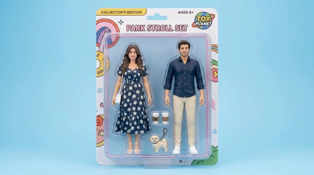 Couple designed as collectible action figures inside retail blister packaging