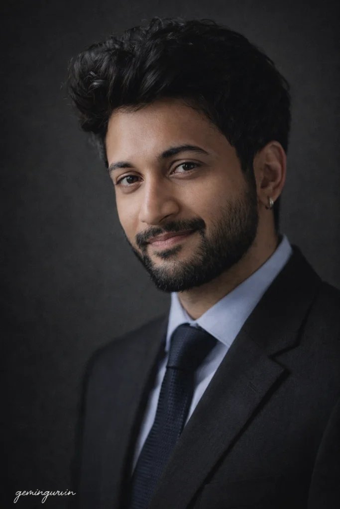 ChatGPT professional headshot prompt preview with Rembrandt studio lighting, grey backdrop, and business formal outfit