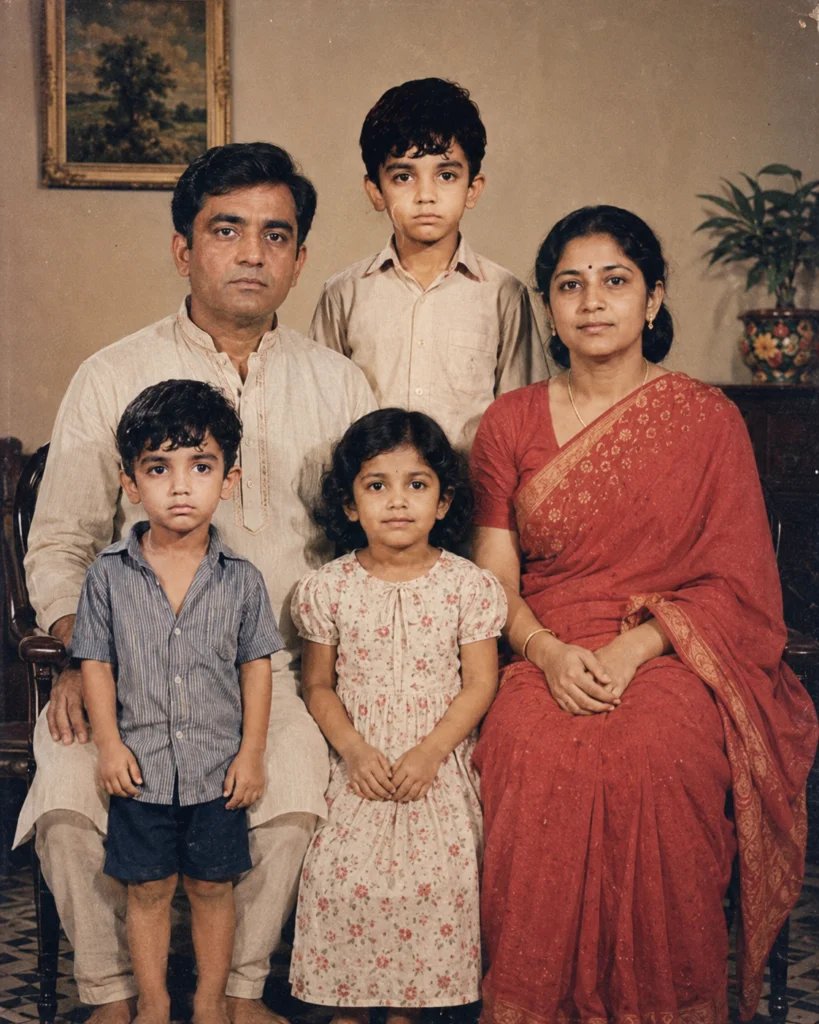 Period-style family portrait with parents and children posed at home