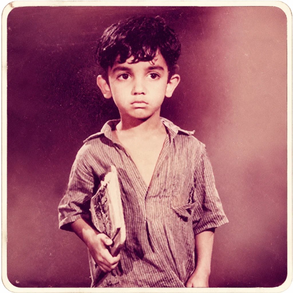 Childhood photograph restyled with a faded 1990s Indian film look